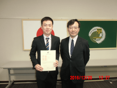 芦聡君が「広島大学エクセレント・スチューデント・スカラシップ」成績優秀学生として表彰されました！ (2016/12/16)