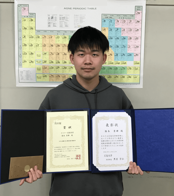 ４年生の猫本勇輝 君が「強的秩序とその操作に関わる研究会 第14回 研究会 ポスター最優秀賞」と「広島大学理学部後援会奨励賞」をダブル受賞！！(2022/1/4)